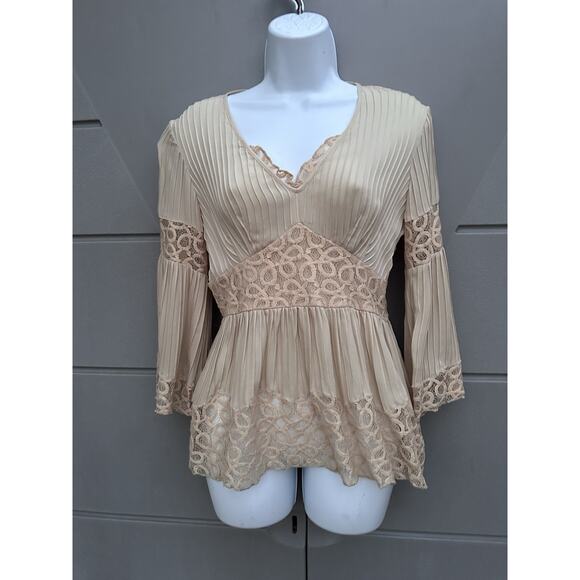 Y2K INC Silk Babydoll Blouse Pleated Bell Sleeves Lace Trim Coquette Romantic 2 - Picture 3 of 9